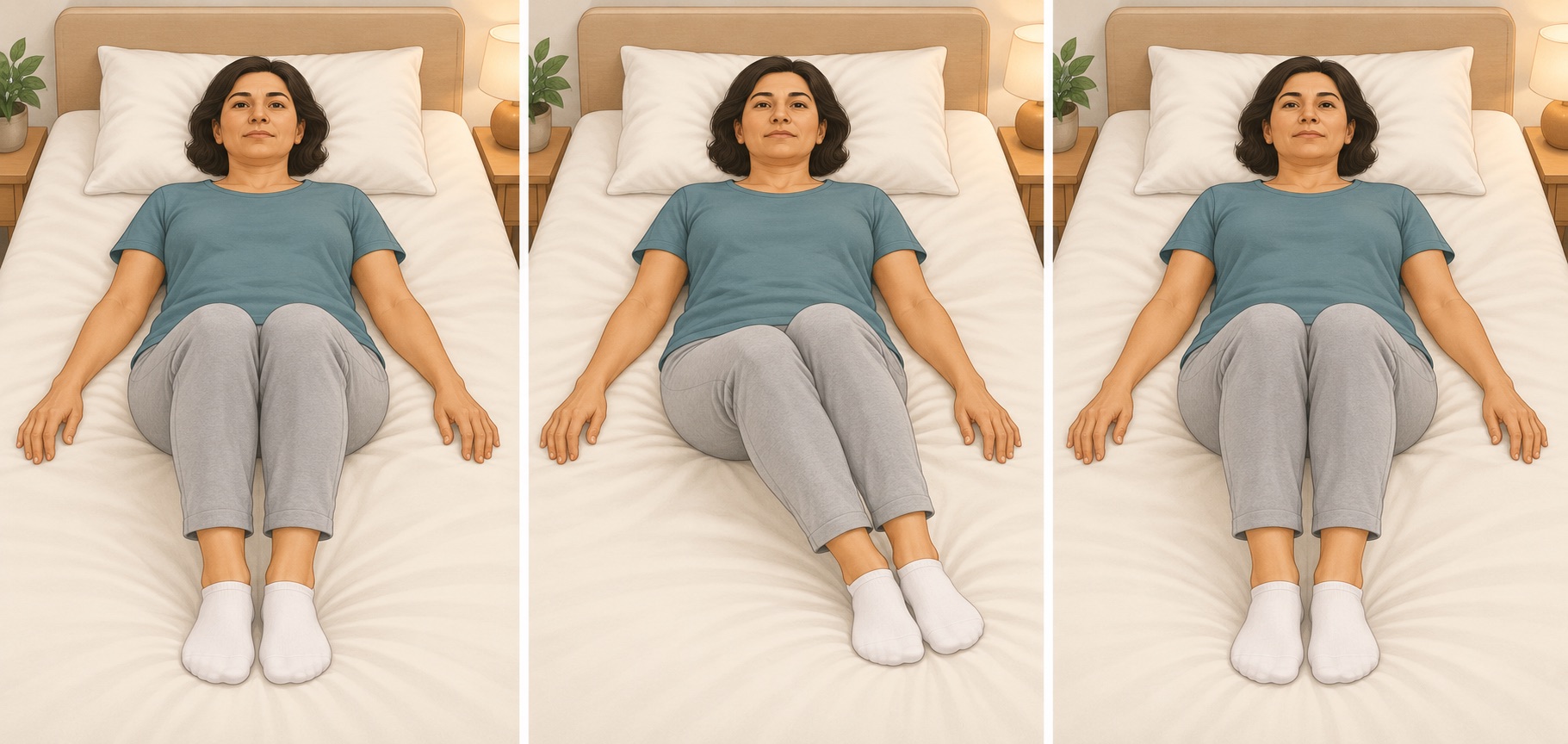 Three overhead views: knees bent in the middle; knees move together a few inches to one side; knees return to the middle.