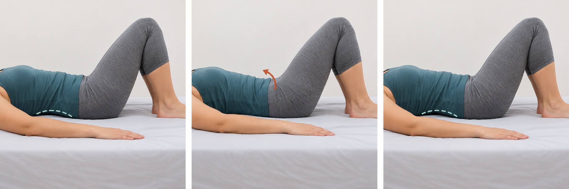 Three side views: start lying on your back with knees bent; gently settle the lower back toward the bed; then relax back to the starting position.